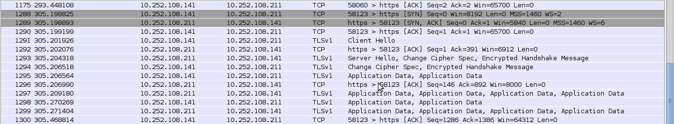 Hasil protocol analysis dari ssl sebelum browser mendapat persetujuan user untuk meng-`Confirm Security Exception`. SSL berjalan seperti pada Bagan SSL handshake.